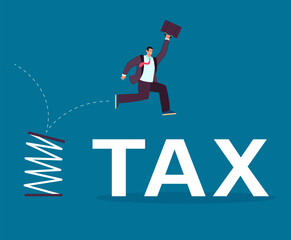 High jump of businessman reducing tax burden. Happy exempt male character with briefcase jumping from flexible spring flat vector illustration. Taxation, tax avoidance or exemption, leadership concept