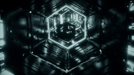 A mirror polyhedron surrounded by dim azure neon lights is flying along a dark futuristic hexagonal tunnel. Dynamic background for art, commercial and technology project 3D rendering in 4K.