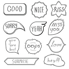 Abstract Set Hand Drawn Collection Doodle Elements For Wedding Valentine's Day Sticker Stamp Bubble Text Lettering Dialog Vector Design Style Illustration Sketch Style Oops, Hey, Sorry, Good, Surprise