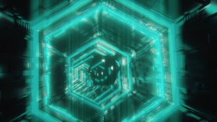 Abstract hexagonal tunnel motion background. A specular polyhedron followed by saturated azure neon lights is moving along a dark futuristic hexagonal corridor. 3D rendering animated 4k video.