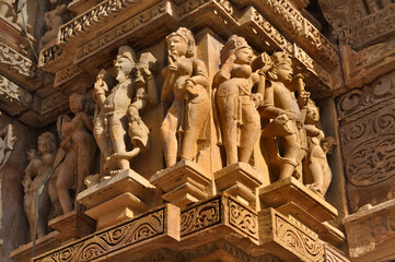 Erotic Human Sculptures at Vishvanatha Temple, Western temples of Khajuraho, Madhya Pradesh, India. Built around 1050, Khajuraho is UNESCO World heritage site and is tourist destination for erotica.