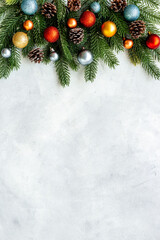 Christmas and New Year decoration balls background. Top view, flat lay. Empty space for text