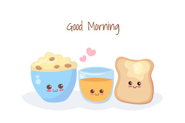 Kawaii Cereal Bowl, Butter Toast and Orange Juice vector characters isolated on white background. Adorable happy breakfast. Cute food illustration for greeting card, fabric print, children menu.