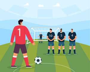 Penalty kick of soccer player on field of stadium. Male goalkeeper and team of defenders defending gate from pitch and ball hit flat vector illustration. Penalty shot, football match, league concept