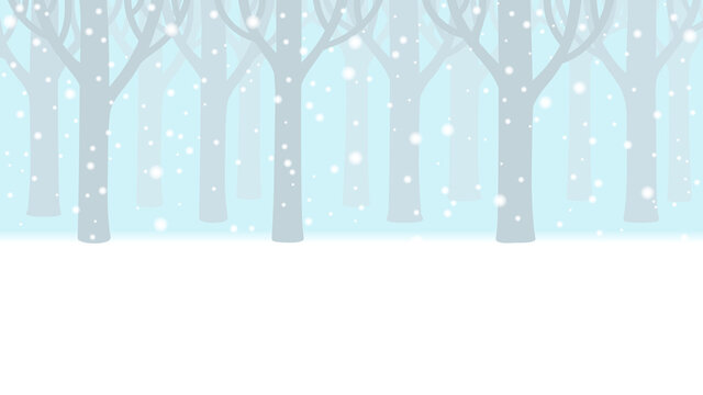 Vector background of snowy forest, snowfall, winter landscape with silhouettes of trees