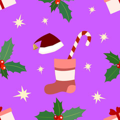Festive new year seamless pattern with symbols of santa hat, sock, holly, lollipop sweet stick, stars,  gif box.