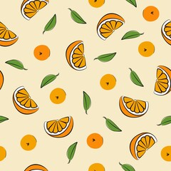 Seamless pattern with oranges and tangerines. Cute colorful citrus fruits in doodle style. Vector illustration