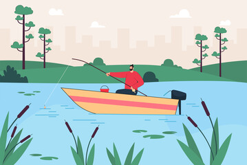 Fisher with fishing rod waiting for fish catch. Man sitting in boat floating on blue waters of river or lake landscape flat vector illustration. Active outdoor recreation, summer nature concept