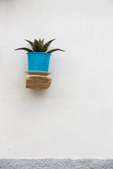 A stone shelf is fixed on a flat white wall, on which there is a flower pot with a cactus