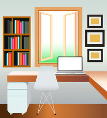 interior of a room with a laptop standing on a desktop against the open window.