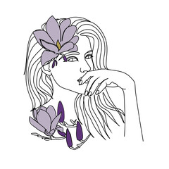 Woman face with butterfly and flowers. Line art female hands with butterflies. One line vector drawing. Portrait minimalistic style. Botanical print. Nature symbol of cosmetics.