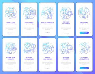 Job hunting gradient blue onboarding mobile app page screen set. Cv and interview walkthrough 5 steps graphic instructions with concepts. UI, UX, GUI vector template with linear color illustrations