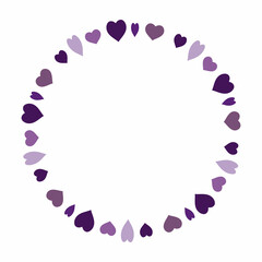 Round frame with violet hearts on white background. Vector image.