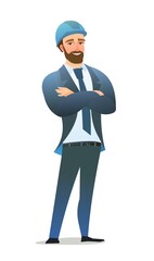 Man engineer in suit and protective helmet. Office guy at construction site. Cheerful person. Standing pose. Single Character cartoon comic style. Illustration isolated on white background. Vector