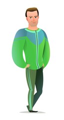 Man in tracksuit. Guy got ready for sports activities. Cheerful person. Standing pose. Cartoon comic style flat design. Single character. Illustration isolated on white background. Vector