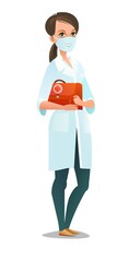 Optimistic woman doctor in dressing gown and humor mask. Cheerful persons in standing pose. Cartoon comic style flat design. Separate girl character. Illustration isolated white background. Vector