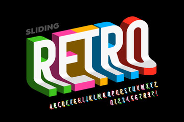 Sliding down retro style 3d font, colorful alphabet letters and numbers vector illustration