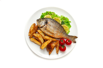 Fried Dorado fish, with fried potatoes, on a white background, horizontal, no people, top view,