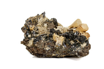 Macro stone mineral Pyrrhotite, quartz, Sphalerite, calcite, Galena on white background