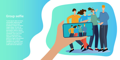 Group selfie.People take pictures of each other using a smartphone.The concept of modern gadgets .Poster in business style.Flat vector illustration.