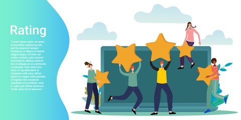 Rating.People on the background of a laptop are holding rating stars in their hands.The concept of evaluating the work of applications and business projects..Poster in business style.Flat vector illus