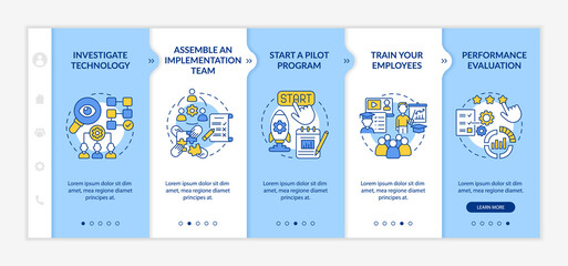 Technology implementation onboarding vector template. Responsive mobile website with icons. Web page walkthrough 5 step screens. Integrate innovation color concept with linear illustrations