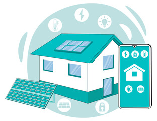 Smart home management using a smartphone. The smartphone uses the application to control the smart home.The concept of green energy with modern technologies.Flat vector illustration in green.