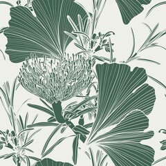 Cotton fabric Floral seamless pattern. Decorative wallpaper with line tropical protea flowers and exotic gingko leaves, green line illudtration background.