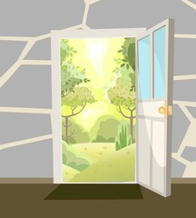 Opened door. From inside of room at home. Summer hiil landscape view. Stone wall. Way is open. Cartoon cute fairy tale design. Image background. Vector