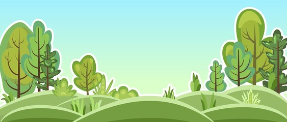 Flat forest. Illustration in a simple symbolic style. Funny green landscape. Hills. Comic cartoon design. Cute scene with trees. Country Wild Scenery. Vector