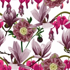 Seamless floral pattern with pink violet tropical magnolia, anemones flowers with leaves on white background. Template design for textiles, interior, clothes, wallpaper. Botanical art. 
