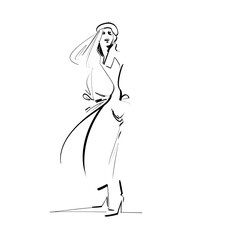 Minimalist fashion illustration of an elegant woman dressed in a sumptuous winter coat, alpino hat and high boots. 