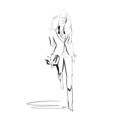 Tall blonde runway model wearing light tuxedo and high boots while carrying a purse