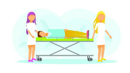 Abstract Flat Women Doctor Rolling The Gurney With The Patient First Aid Cartoon People Character Concept Illustration Vector Design Style