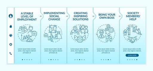 Benefits of social entrepreneurship onboarding vector template. Responsive mobile website with icons. Web page walkthrough 5 step screens. Society changes color concept with linear illustrations