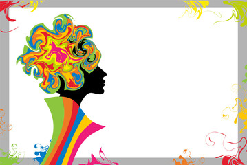 An illustration of a colourful rainbow silhouette of girls face for hairdo salon posters and cards. Stylish female spring lady head for haircut or makeup shops and banners