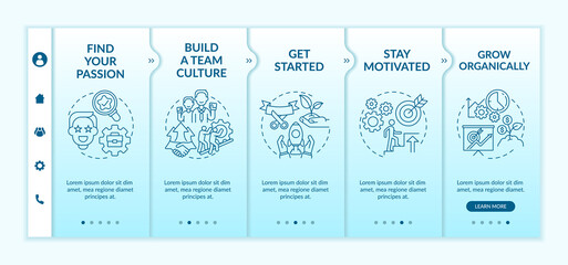 Steps to start social entrepreneurship onboarding vector template. Responsive mobile website with icons. Web page walkthrough 5 step screens. Color concept with linear illustrations