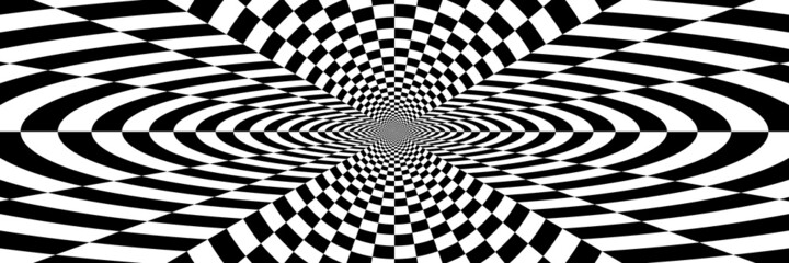 Abstract Black and White Pattern with Tunnel. Contrasty Optical Psychedelic Illusion. Smooth Checkered Spiral and Chessboard in Perspective. Raster. 3D Illustration