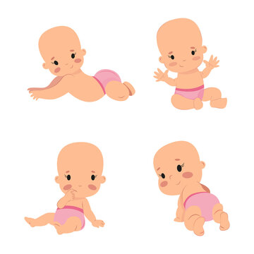 4 little girls in different poses a set of babies a toddler sits raises his hands lies on his tummy thinks crawls, in diapers a European girl