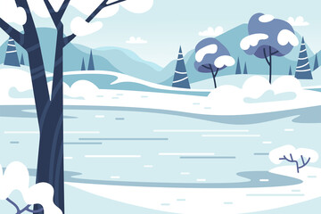 Winter background. Frozen lake and snowy landscape.