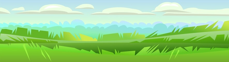 Obraz premium Meadow grass and trees on horizon. Rural landscape. Horizontal village nature illustration. Cute country view. Flat style. Vector