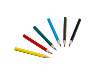 colored short pencils. Wooden pencils are laid out on a white background.