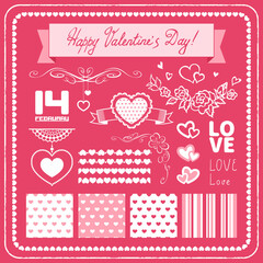 Fototapeta na wymiar Valentine's Holiday Elements Set for Your Design. Seamless Patterns, Hearts, Frames, Hand Drawn Flowers and Vignettes. Vector Illustration.