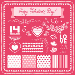 Valentine's Holiday Elements Set for Your Design. Seamless Patterns, Hearts, Frames, Hand Drawn Flowers and Vignettes. Vector Illustration.