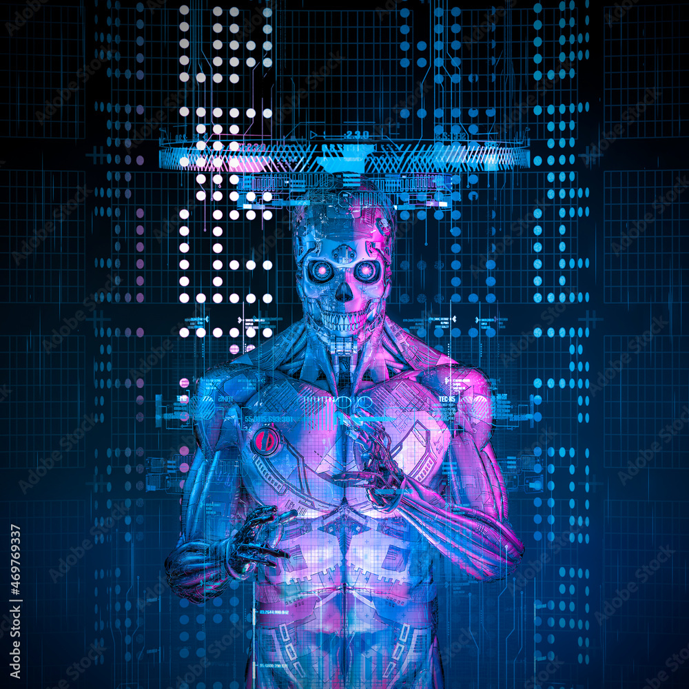 Wall mural data interface cyborg - 3d illustration of skull faced robot figure accessing virtual terminal