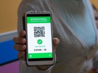 In the girl's hand the phone is on the display of a sanitary pass with a QR code on the phone screen. Vaccination, covid-19 coronavirus vaccination certificate.