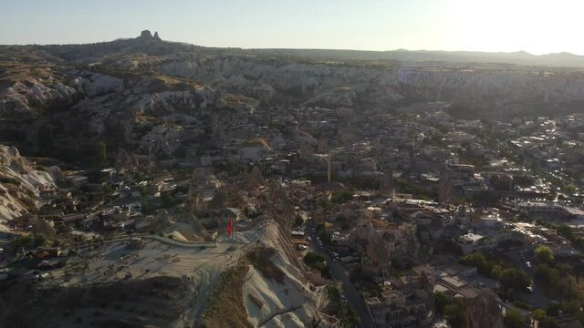 Zelve Valley, drone flying in the sky of Cappadocia with beautiful mountain landscapes, Turkey Goreme