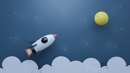 Rocket fly to the Moon on sky and cloud 3D Rendering
