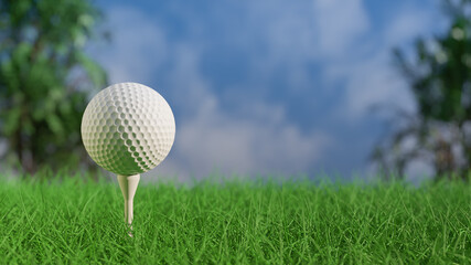 Close up view Golf ball on tee on green grass 3D Rendering
