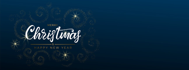 Naklejka na ściany i meble Merry Christmas and Happy New Year. Greeting card with hand drawn lettering and gold glittering spirals on blue background. Panorama for holiday invitations, banner, poster. Vector illustration